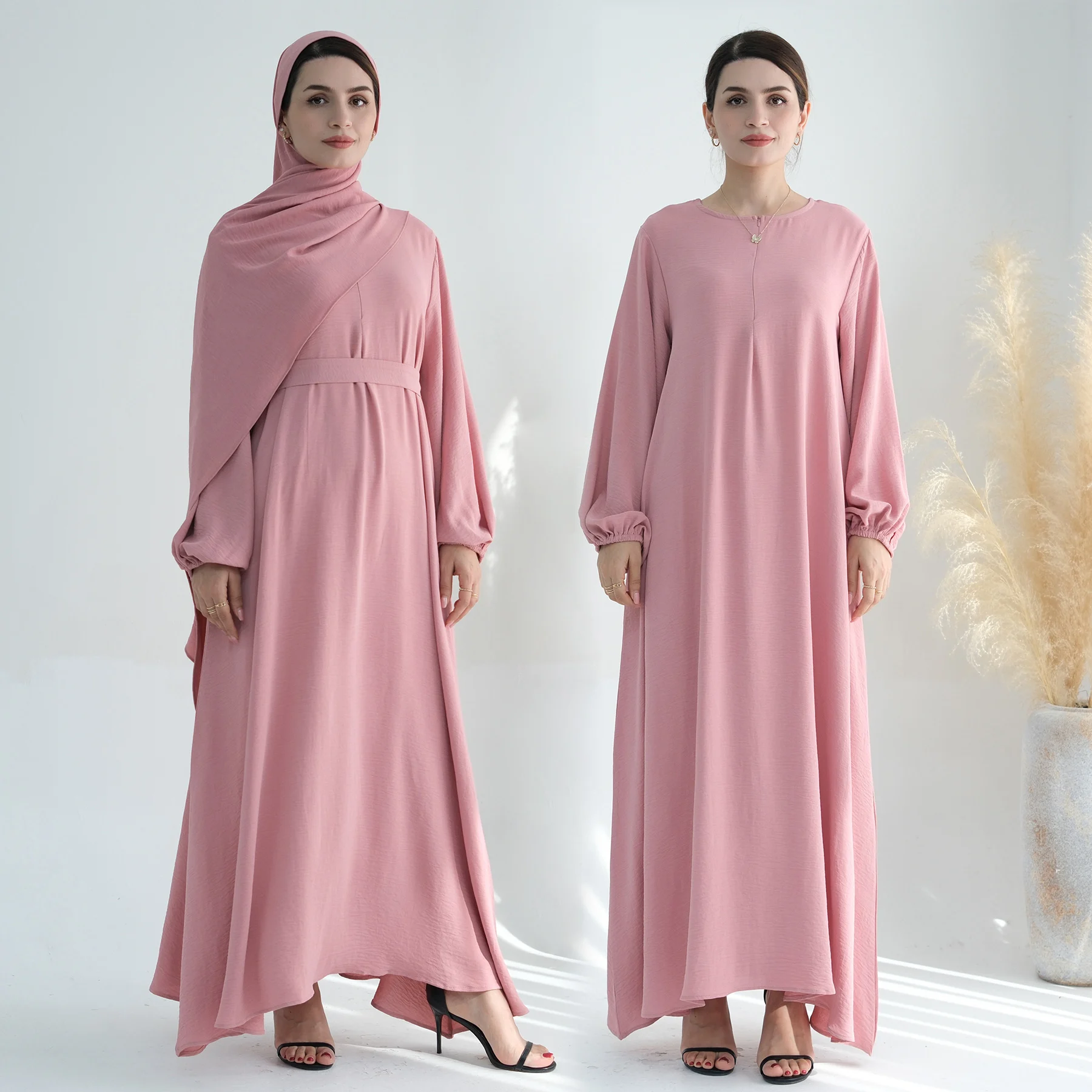 Elegant Regular-Fit Muslim Abaya Women Dress-Round Neck, Zip Front, Puff Sleeves, Irregular Hem. Ramadan Eid Islamic Clothing