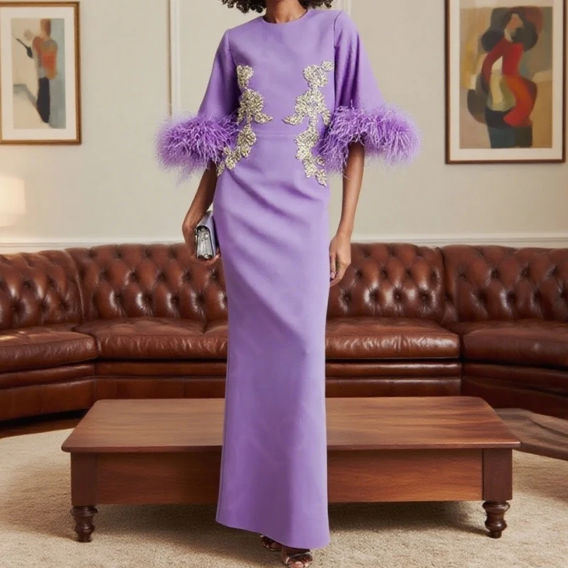 

New Baby Feather Dress Mother Gown for Women 3/4 Sleeve Mother of the Bride Dress Arabic Wedding Guest Gown Back Slit Customized