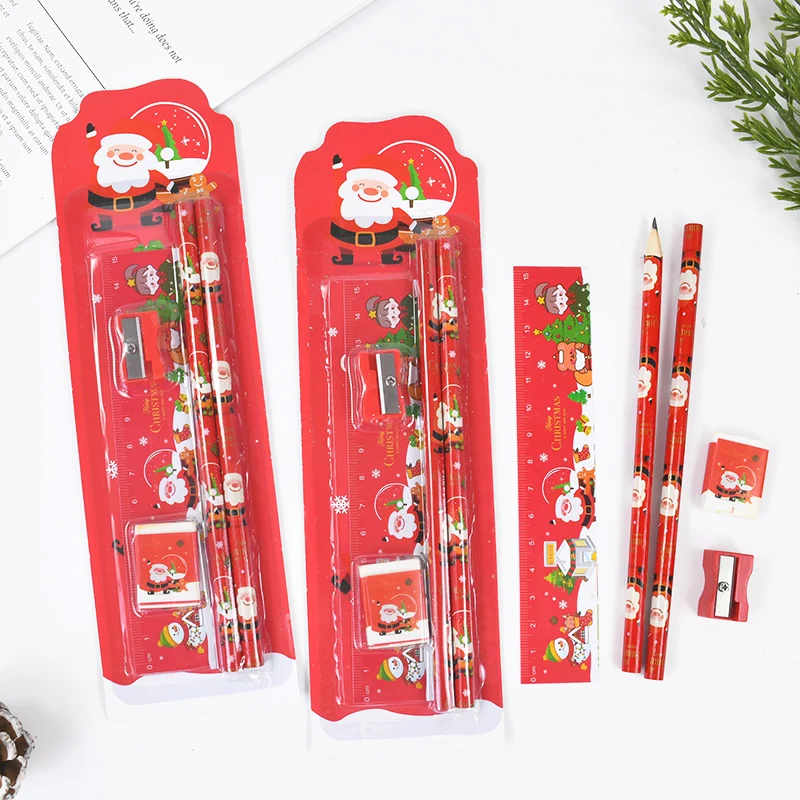 

Christmas Stationery Set Kids Cartoon Pencils Eraser Ruler Sharpener Kit Kids Rewards Back To School Gift Office School Supplies