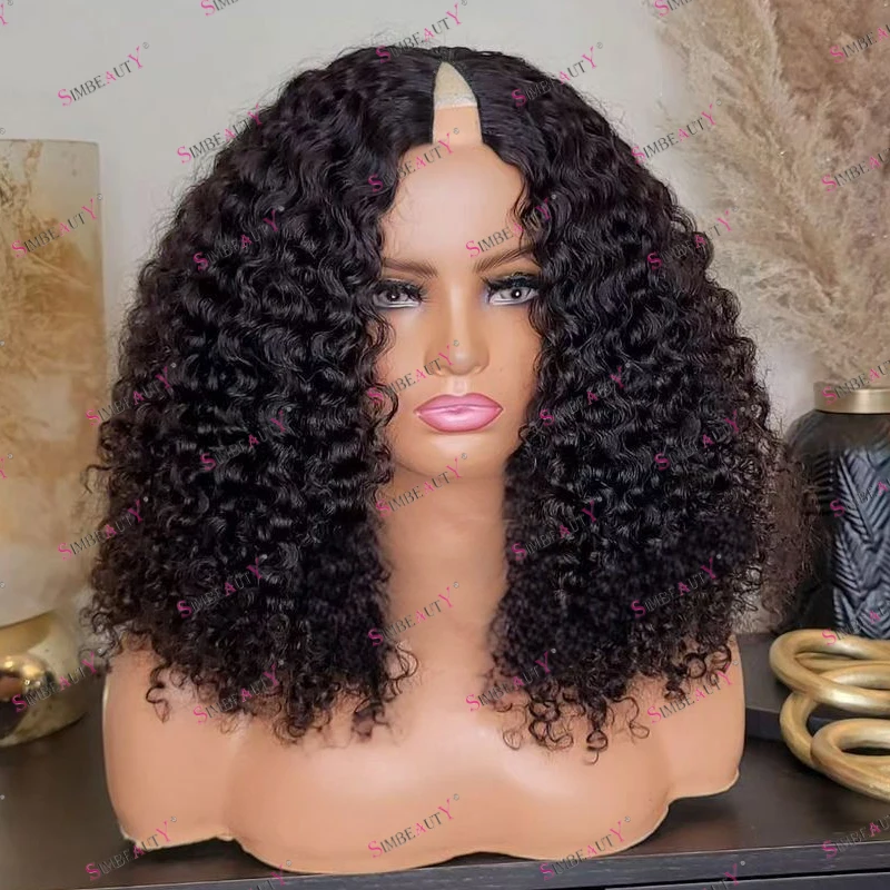 Afo Black Women 4B 4C Kinky Curly Human Hair 1x4 size V Part Wigs Adjustable Straps Glueless 200Density Remy Opening U Part Wigs