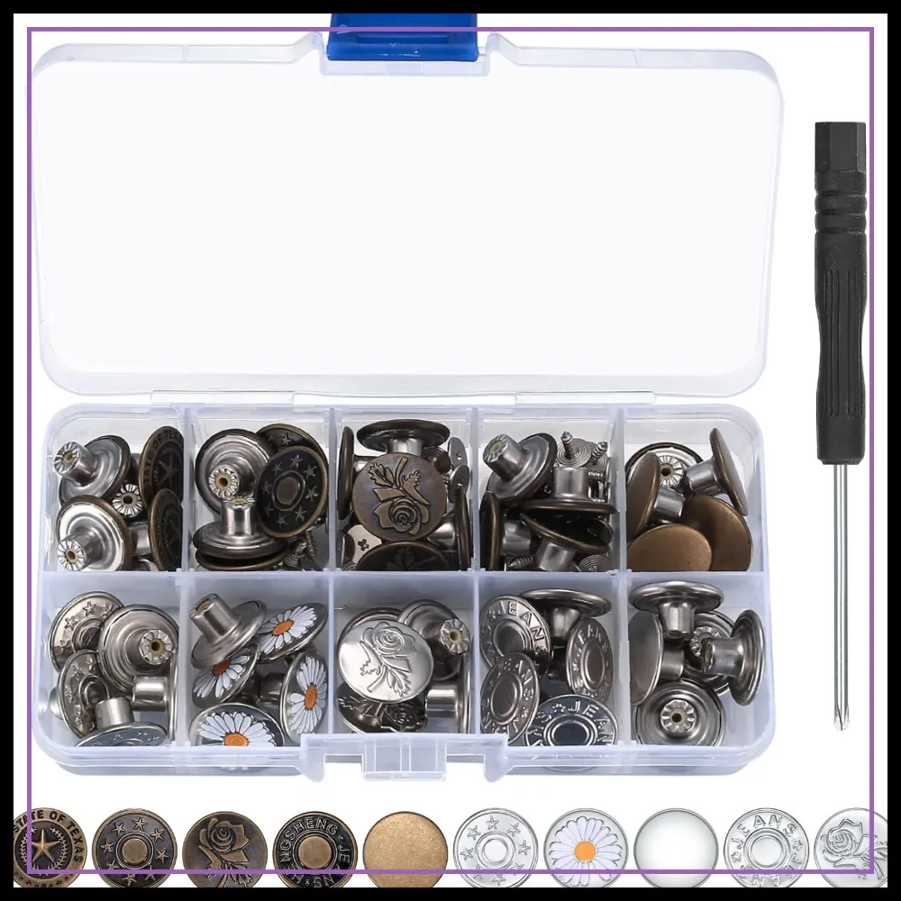 

50 Pcs Jean Buttons Replacement Kit, 17mm Metal Snap Denim Buttons for Pants, 10 Styles