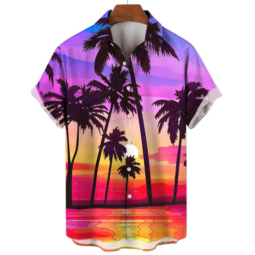 Summer Hawaiian shirt beach men\'s shirt coconut tree print blouse oversized men\'s clothing unisex casual short sleeved shirts XL