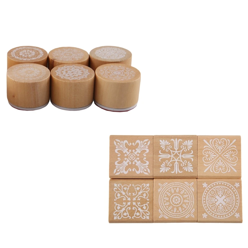 12Pcs Wooden Stamps Floral Pattern Circles And Squares Decorative Rubber Wooden For DIY Craft Card And Scrapbooking Promotion