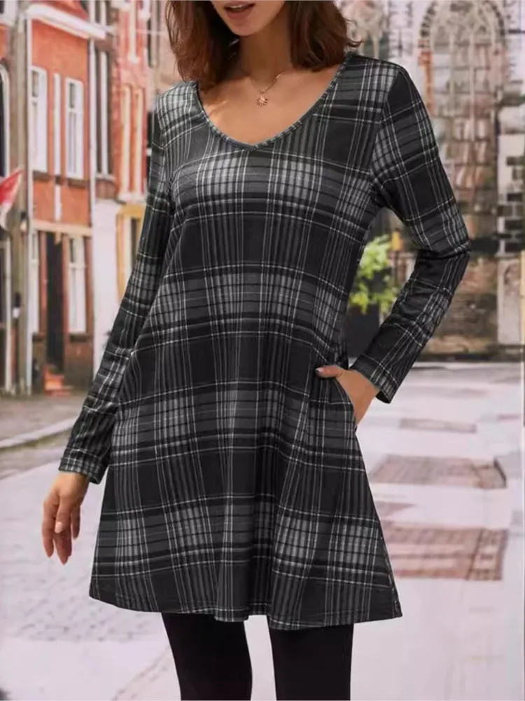 Autumn Winter New Women's Fashion Plaid Printed Pocket Sexy V-neck Casual Loose Long Sleeved Dress For Women