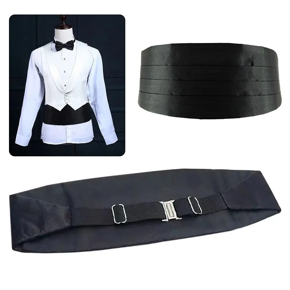 Fashion Wide Silk Satin Tuxedo Cummerbund Elastic Gentleman Pocket Square Belly Band Business Neck Tie Set Compere