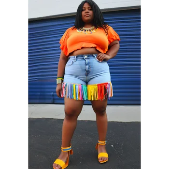 レディースライトブルーデニムショーツ,カジュアルジーンズ,ビーチバケーション,ラージサイズ,タッセル,サマー