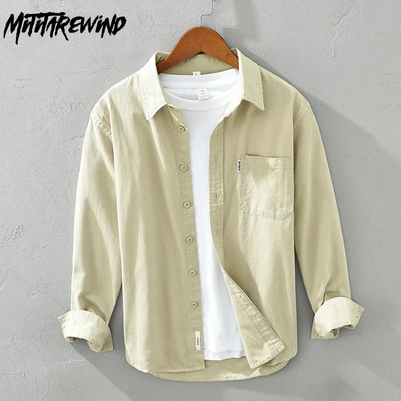 

Весенне-летние мужские рубашки из 100% хлопка, повседневные повседневные рубашки цвета хаки, рубашки с длинными рукавами и карманами, мужская простая одежда, универсальные топы