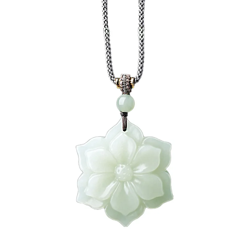 Natural Hetian Jade Lucky Flower Pendant Ethnic Style Lotus Jade Necklace for Women Birthday Gifts