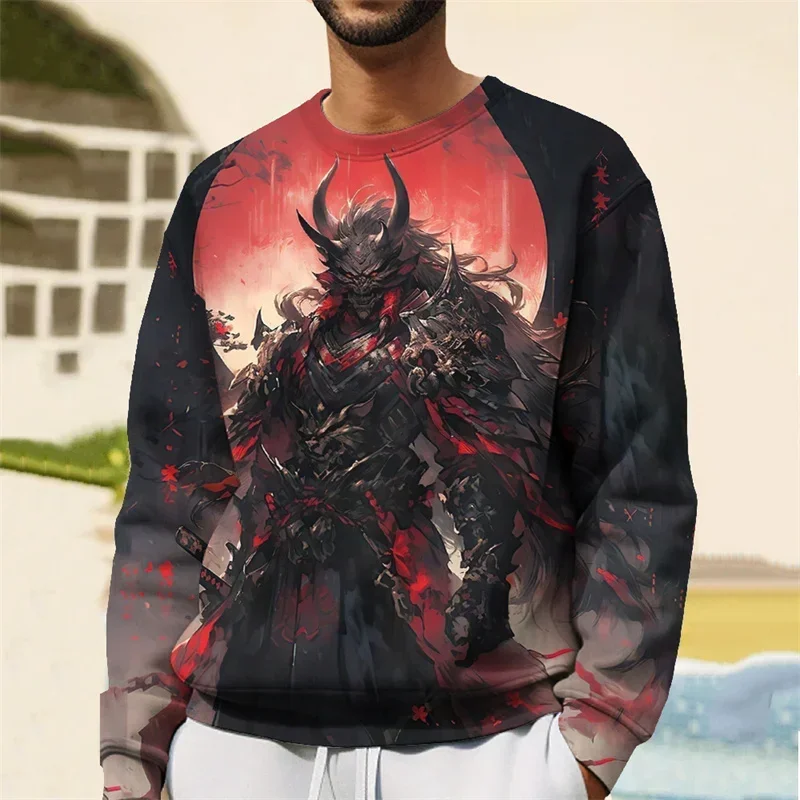 Men's Soldier 3D Devil Print Pullover Spring and Autumn Long Sleeve Loose Round Neck Hoodie Sweater Top Large Size Fashion Casua