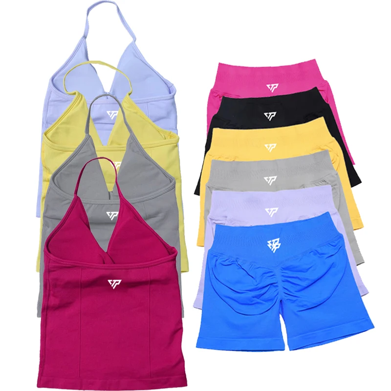 Keep That Pump 2 Piece Sets Shorts Top Womens Outfits Yoga Sets Gym Sets High Quality Seamless Lace-Up Bra Scratch Sports Sets - Image 3