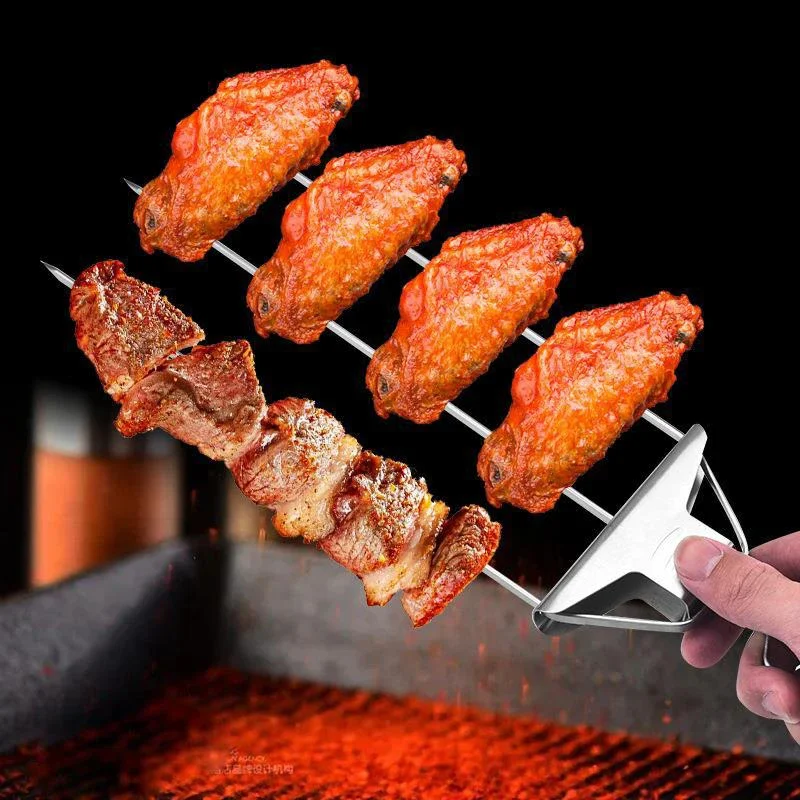 New Grill Skewers Shrimp Skewers for Grilling Stainless Steel Grilling Sticks with Push Bar Skewer BBQ Stick Kitchen Gadgets