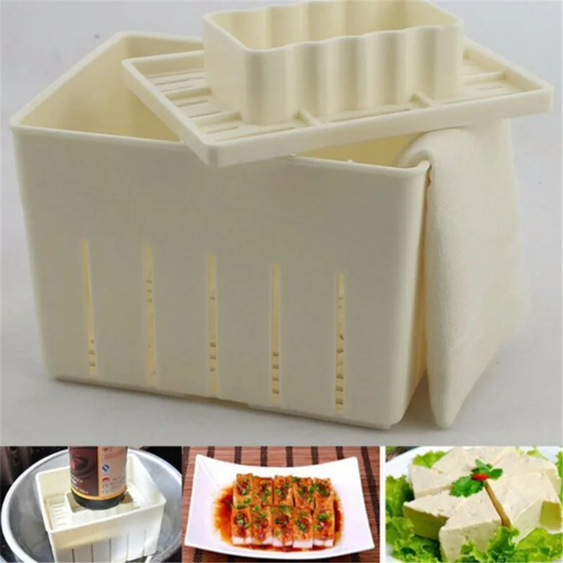 1Set DIY Plastic Tofu Press Mould Homemade Tofu Mold Soybean Curd Making Machine Mold with Cheese Cloth Kitchen Cooking Tool Set