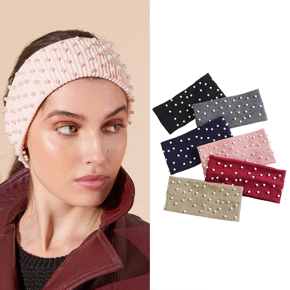 

6Pcs/Set Solid Color Turban Cotton Hairband Pearl Headband for Women Girls Elastic Hair Bands Accessories