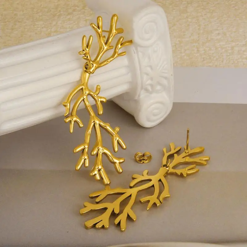 الفولاذ المقاوم للصدأ شجرة فرع أقراط للنساء فاسق شرابات طويلة معدنية المرجان إسقاط أقراط سحر الأذن مجوهرات اكسسوارات الفتيات #5