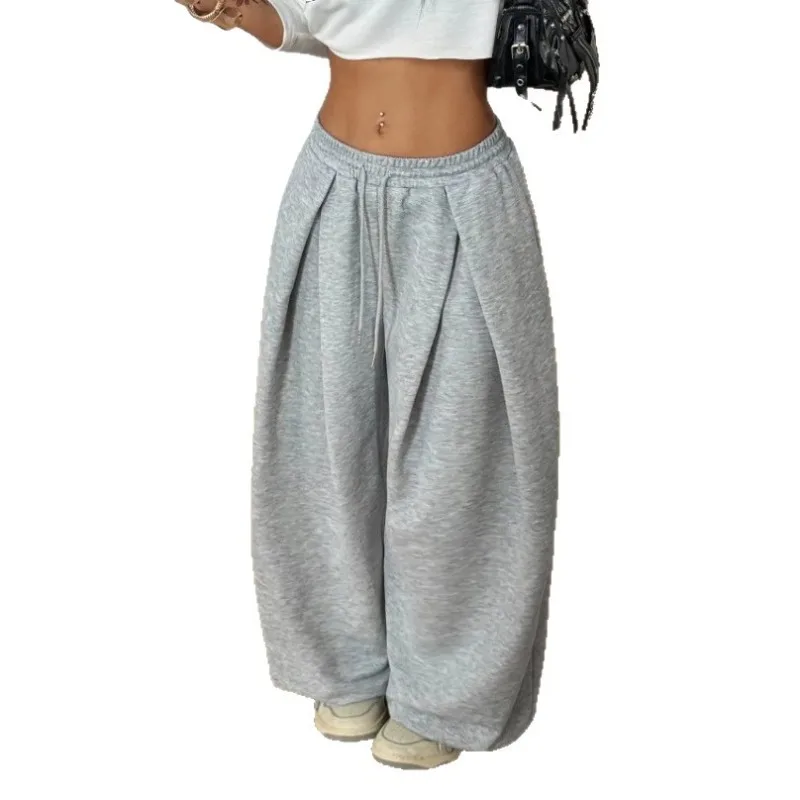 High Waist Pleated Wide Leg Sweatpants Women Elastic Drawstring Baggy Casual Streetwear Jogger Trousers Y2K Lounge Pants