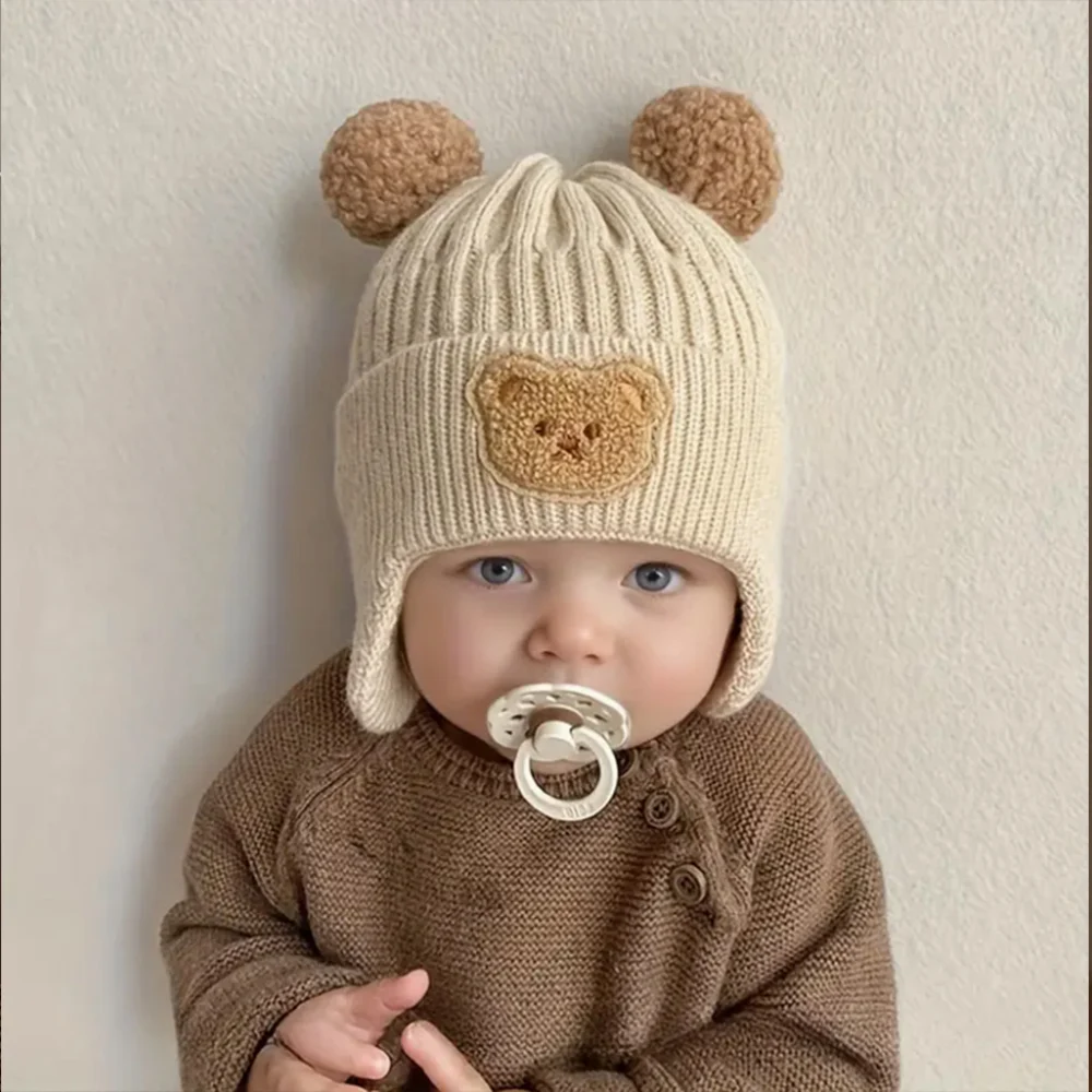 Winter Baby Beanie Cartoon Bear Ear Protection Knitted Hat, Suitable for Toddling Boys and Girls