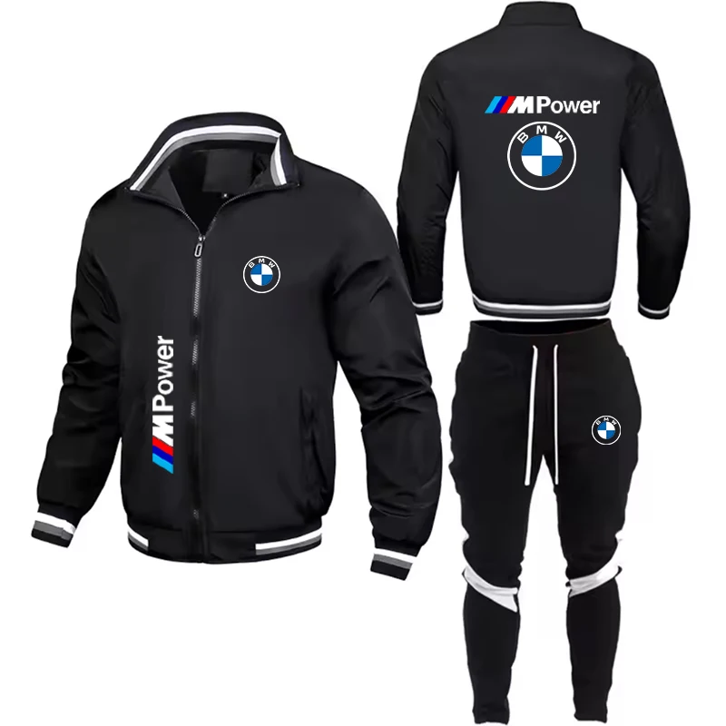 Men set Sweatshirt zipper Car enthusiasts Male Fashion Autumn Winter motion Moto Jacket+Pants 2 Piece BMW Brand Logo Printed