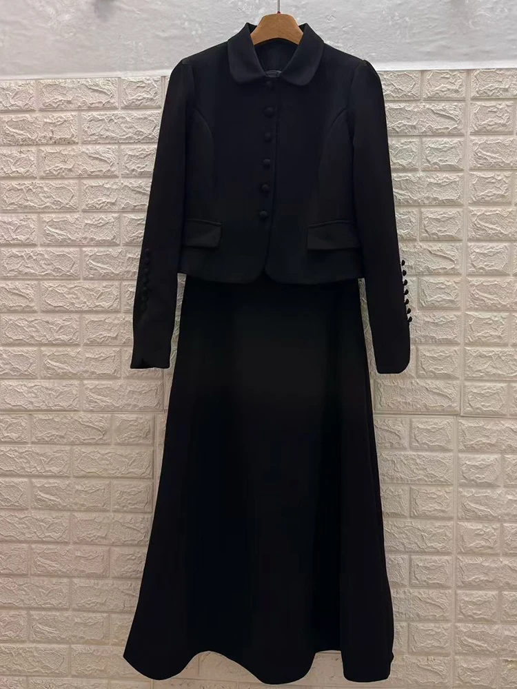 レトロな無地襟付きスリム長袖コートジャケット秋の新作ファッションツーピースハイウエストAラインスカートレディーススーツ