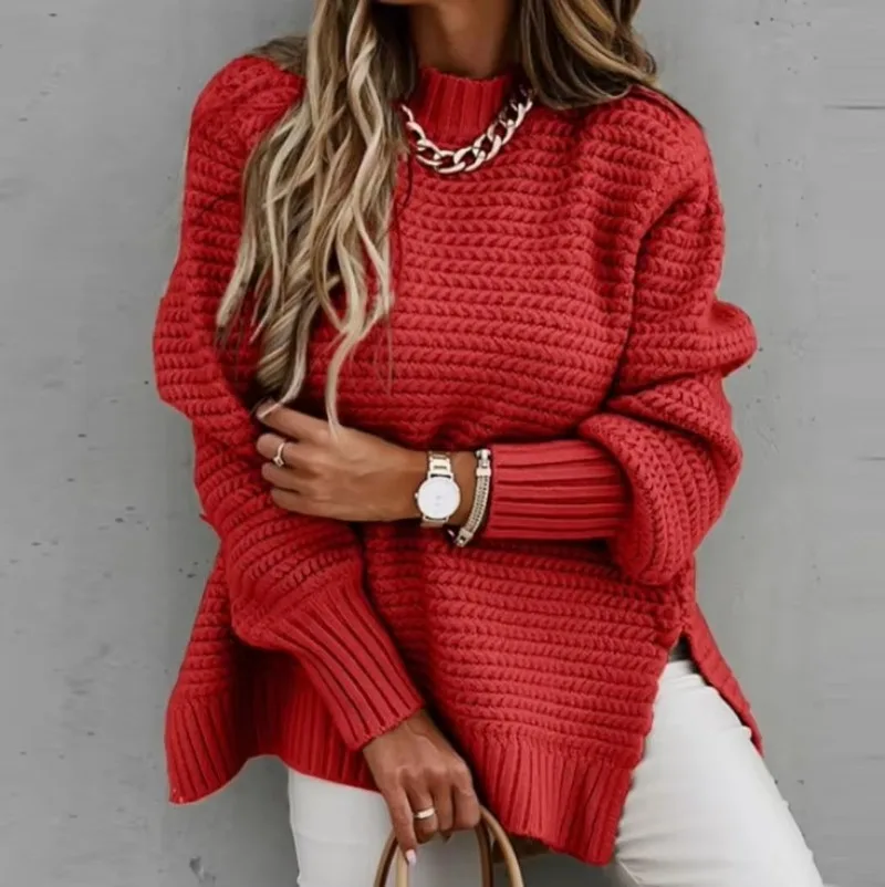 Women's Sweater 2024 Autumn Fashion Long Sleeve Mock Neck Split Hem Casual Plain Rib-Knit Daily Loose Pullover Sweater