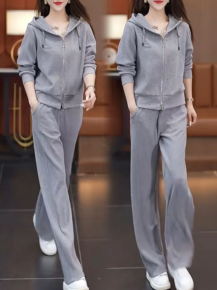 Lässiges Sportbekleidungsset für Damen, Kapuzenpullover, weites Bein, Hose, zweiteiliges Set, trendiger Herbst 2025, Neuankömmling, bequeme Polyesterfaser