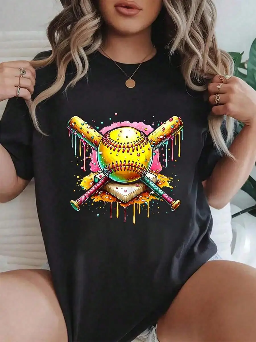 Softball Mama Home Plate Drip Coquette Bow Women Sports Printed T-Shirt Women s Casual Short Sleeve Crew Neck T-Shirts