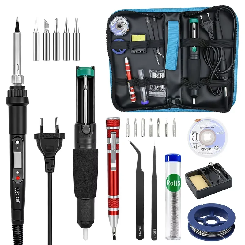 80W LCD Soldering Iron Kit,180‑500℃ Adjustable Temp Tool with Desoldering Pump, Tweezers, Solder Wire for Electronics Repair
