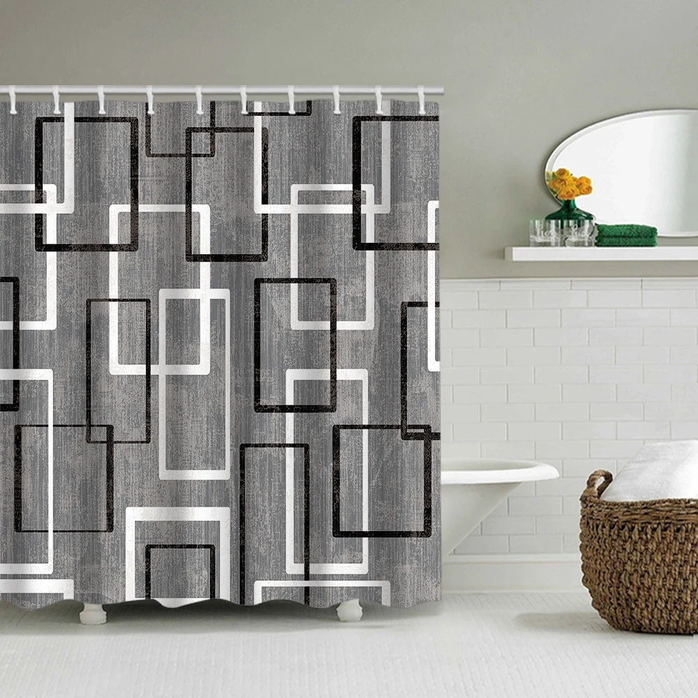 1/4 Geometric grid shower Curtains, Toilet Seat Decoration, Shower Curtain with Carpet and Toilet Lid, 12 70.8x70.8 inch Hooks