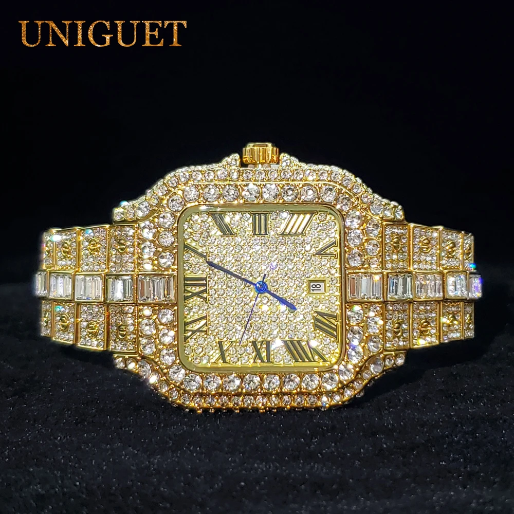 

UNIGUET Diamond Watches For Men Square Blue Point Calendar Men's Quartz Watch Luxury Iced Out Fashion Hand Clock Dropshipping