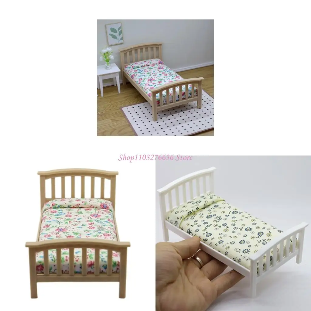 R6FD Cottagecore سرير واحد مع فراش طباعة زهرة ل 1/12 دمية ديكورز مشهد منزل