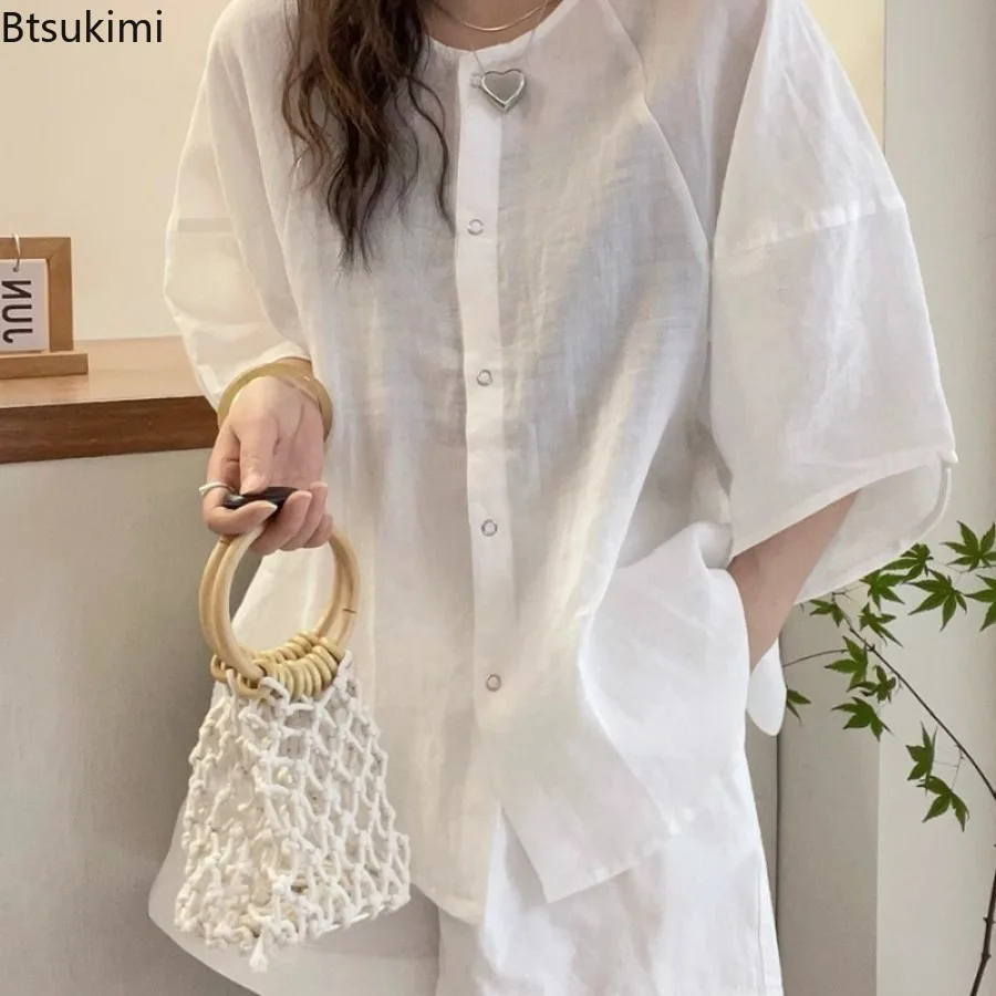 Women Dopamine Shirts Casual Loose Solid Plus Size Tops Holiday Summer Short Sleeve Fashion Blouse Vintage Round Neck Blouse