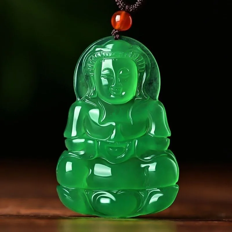 

Natural Green High Ice Guanyin Buddha Pendant Male and Female Couples Necklace
