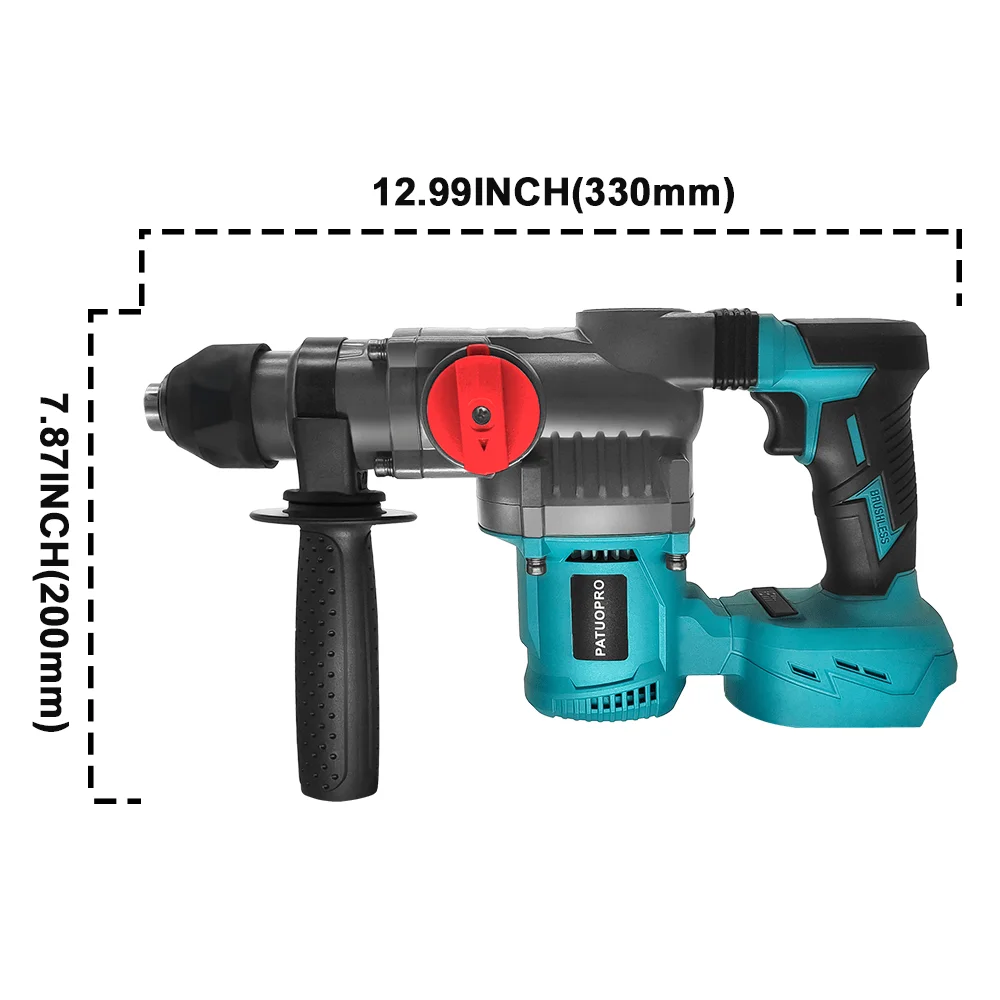 PATUOPRO 2-Mode Brushless Electric Impact Hammer Drill 26mm Cordless Rotary Hammer Handheld Power Tools For Makita 18V Battery