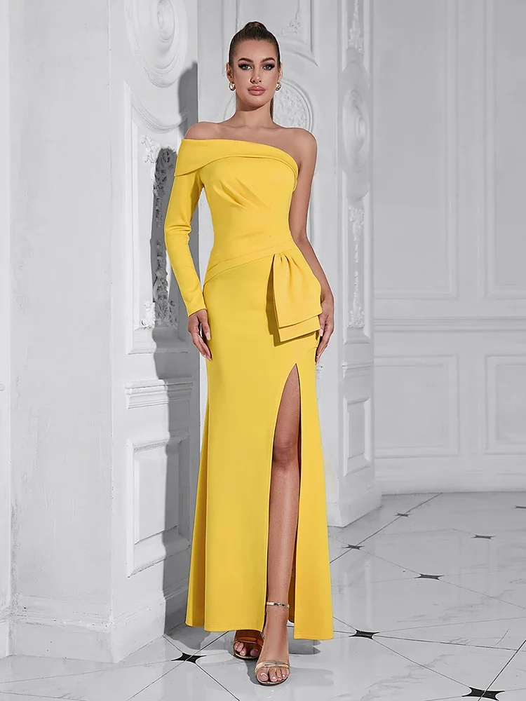 Sexy One Shoulder Ruched Split Long Dresses for Women Elegnat Yellow Long Sleeve Bodycon Runway Celebrity Evening Party Dress