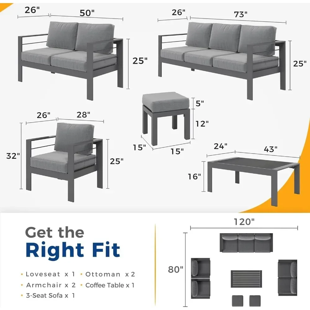 Aluminum Outdoor Patio Furniture Set with Footrest, Outdoor Sectional Metal Sofa with 5 Inch Cushion and Coffee Table for Garden