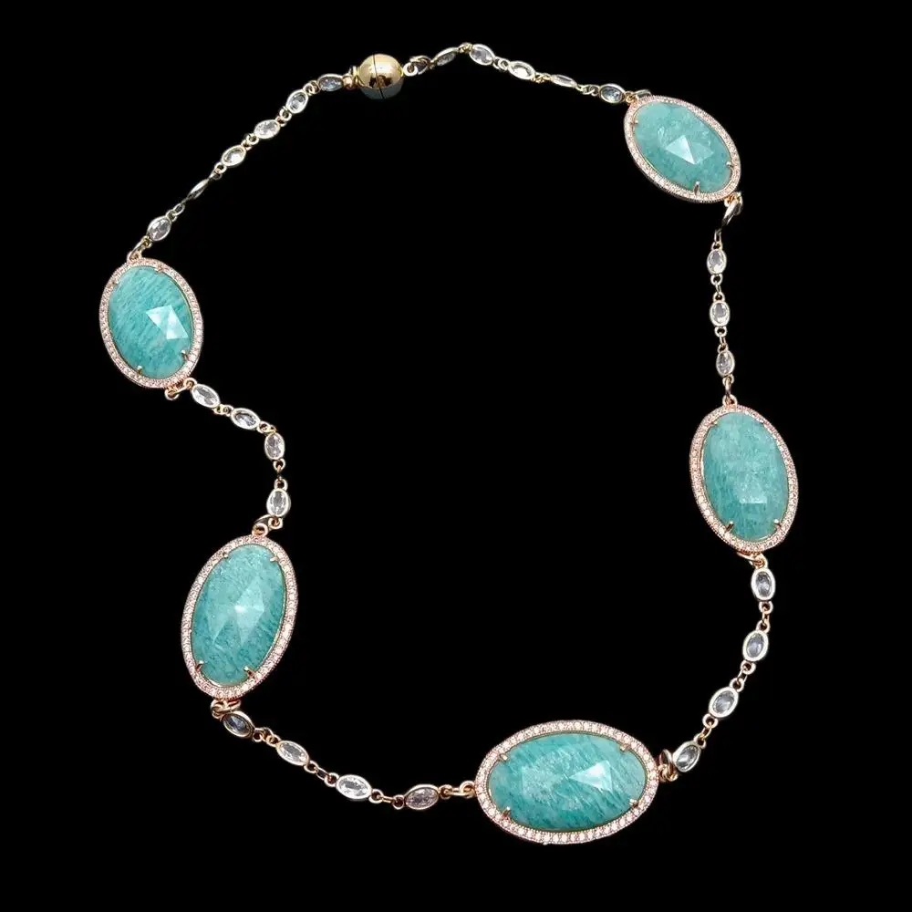 YYGEM 19x30mm Natural Green Faceted Amazonite Station Long Necklace Jewelry Femme