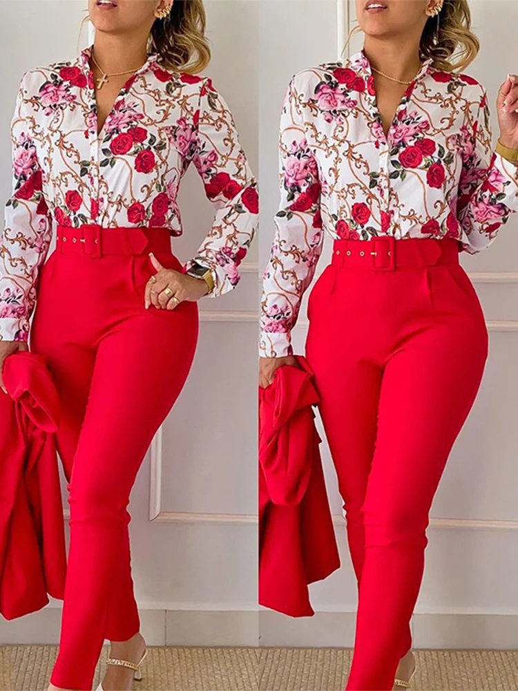 2-piece set fashion printed Women long sleeve shirt top with belt solid pants 2023 Spring Autumn New Women\'s Clothing