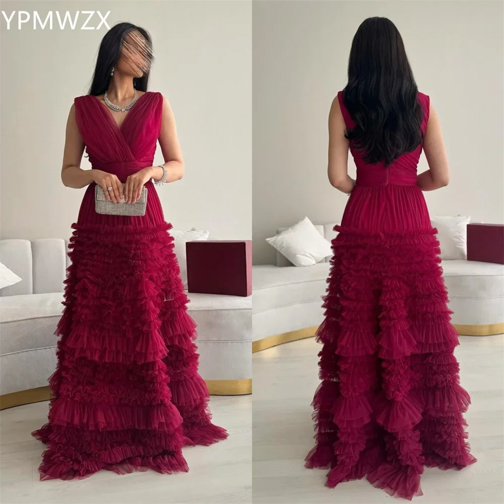 Customized Evening Dress Formal Women YPMWZX V-neck A-line Floor Length Skirts Draped Layered Sleeveless Bespoke Occasion Dresse