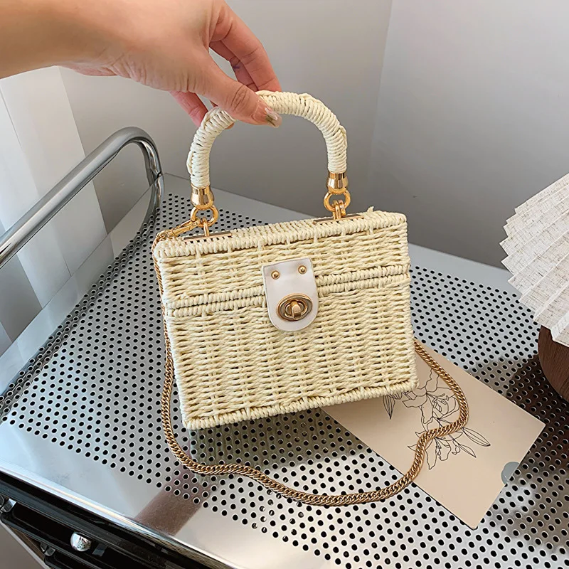 Summer Box Small Purse and Handbags For Women Rattan Straw Woven Crossbody Shoulder Bags Female Fashion Chain Travel Beach Bags