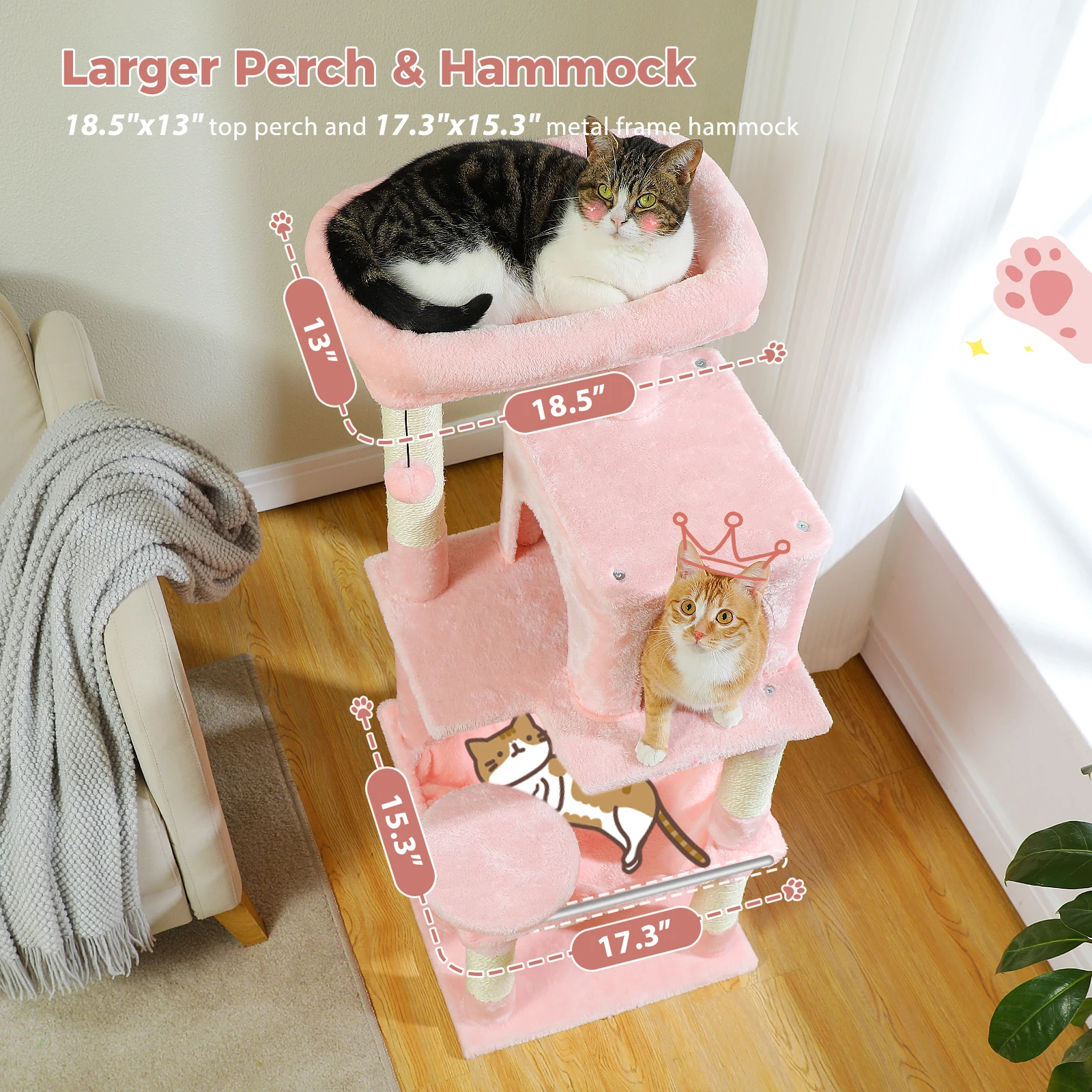 Cat Tree for Indoor Cats Multi-Level Cat Tower with Large Hammock Sisal Covered Scratching Posts Cozy Condo and Top Perch Pink