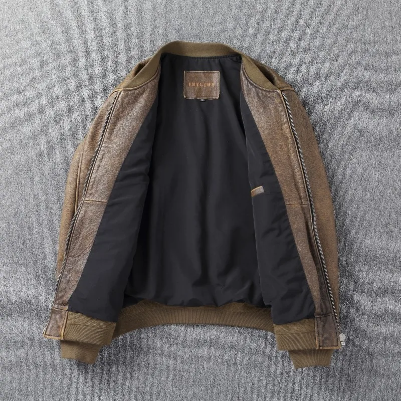 American Baseball Collar Men Real Leather Jacket, Vintage Distressed Top Layer Cowhide Short Casual Spring & Fall Coat