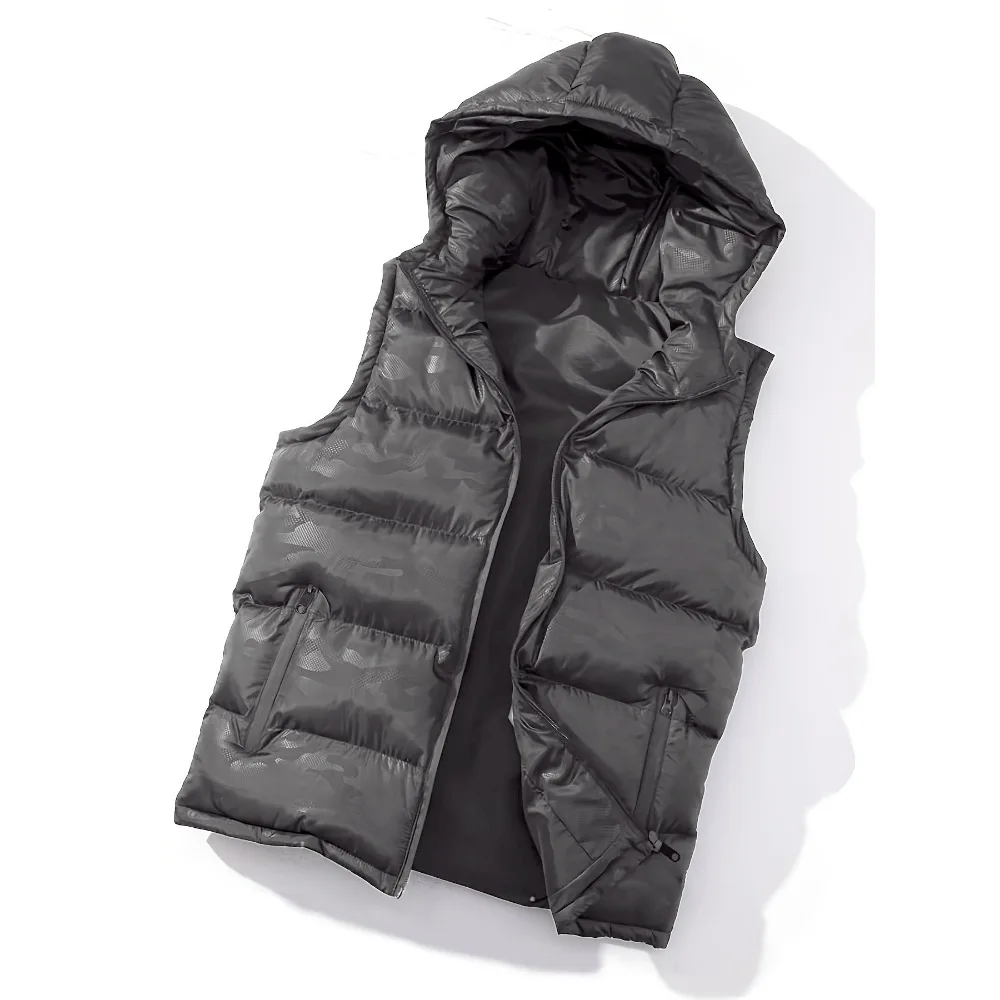 Large Size Men's Fashionable Men's Gray Thick Hooded Down Vest Classic Zipper Style Coats Spring and Autumn Jackets Clothing