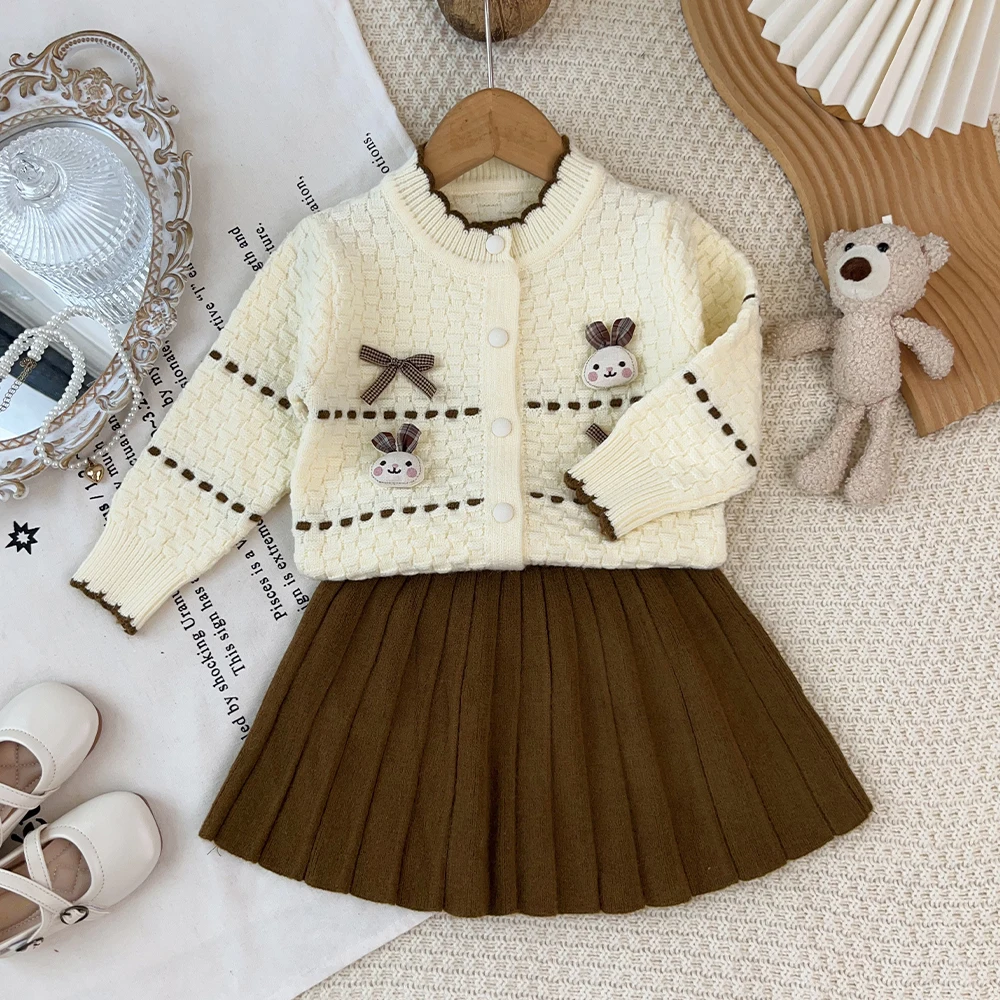 Bear Leader Brown College Style Autumn and Winter Sweater Kids Clothes Girls Cartoon Rabbit Bow Long Sleeved Knitted Top+Skirt