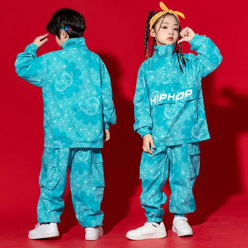 Boy Hip Hop Paisley Sweatshirt Cargo Pants Clothes Sets Girls High Collar Top Joggers Child Street Dance Kids Streetwear Costume