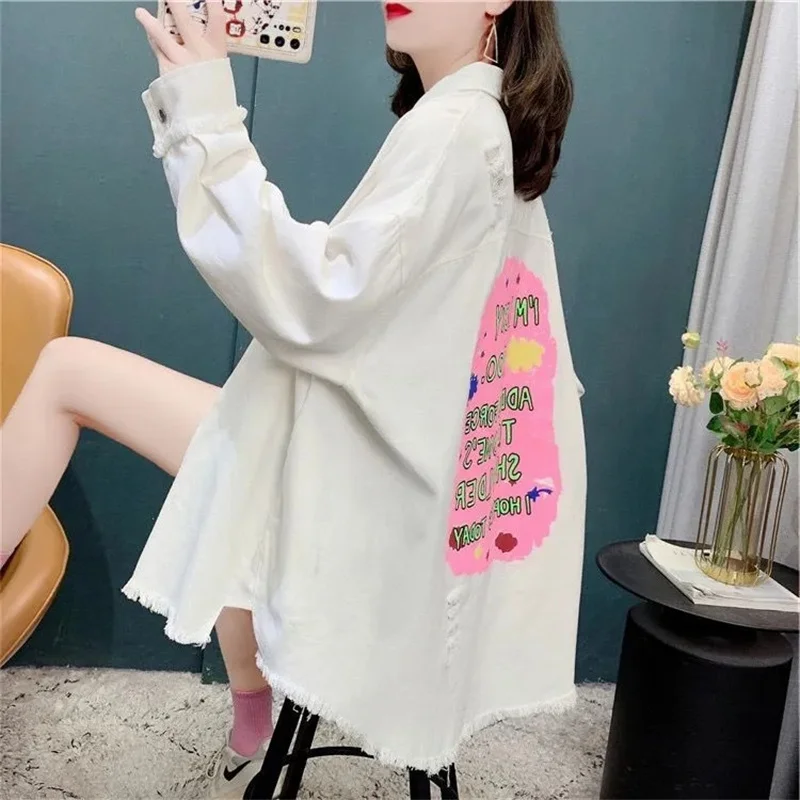 

2025 Femme Medium Long Styles Jeans Blouse Coat Retro Lady Fashion Loose Denim Shirts Jacket Autumn Women Broken Cowboy Shirt