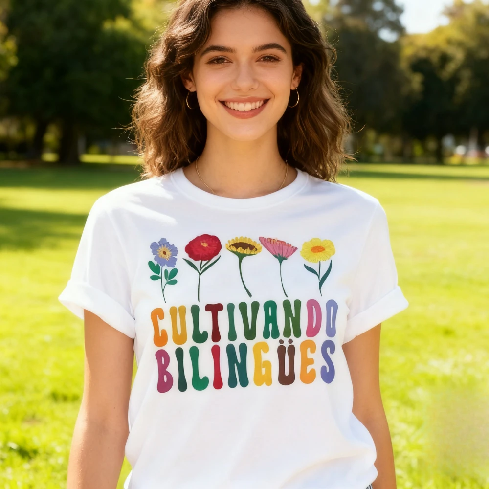 Cultivando Bilingues قميص الأزهار Maestra Bilingue التي شيرت لغة مزدوجة المعلم تي شيرت المعلم الإسباني هدية المحملة المرأة القطن T