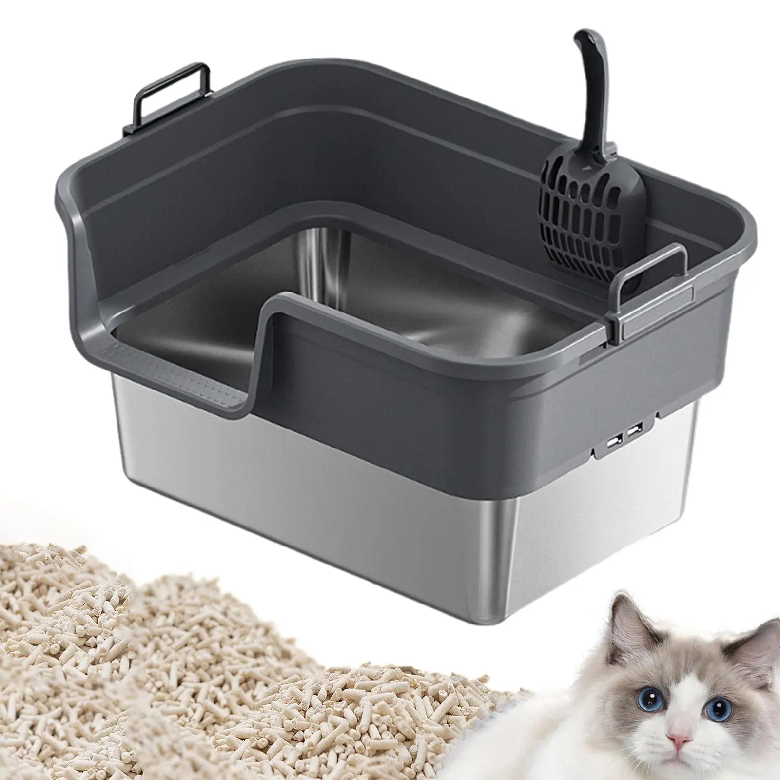 

Большой ящик для кошачьего туалета, защита от брызг, высокосторонняя открытая верхняя часть, полузакрытые товары для домашних животных из нержавеющей стали, противень для туалета для кошек