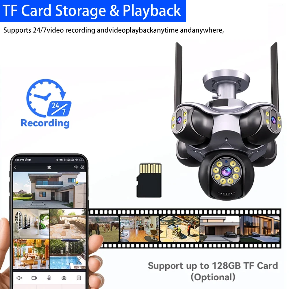 25MP Security Cameras Outdoor 5 Lens 5Screen 5PTZ 90° 360°Pan-Tilt View 2.4G WiFi Security Camera With AI Motion Tracking Audio