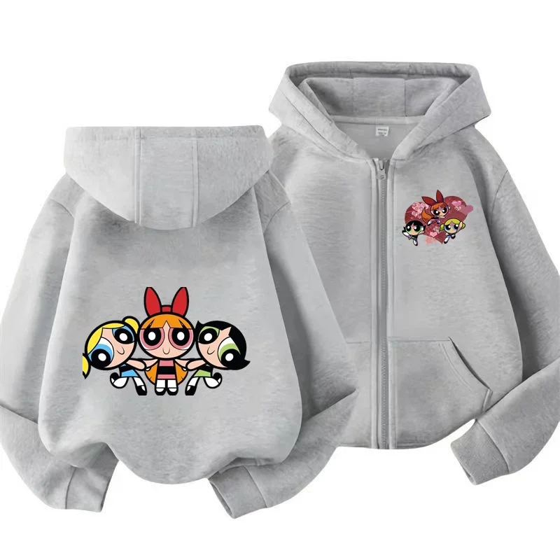 Kawaii anime Powerpuff ragazze camicia con cerniera con cappuccio cappotto sportivo ragazzi ragazze Chunqiu Harahara felpa con cappuccio Powerpuff