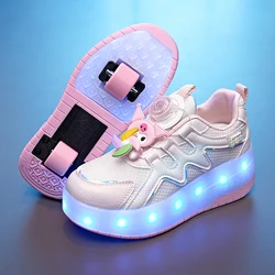 Kids Sneakers Two Wheeled Sports LED Shoes Rotating Button USB Charging Breathable Training Roller Skating Shoes for Children