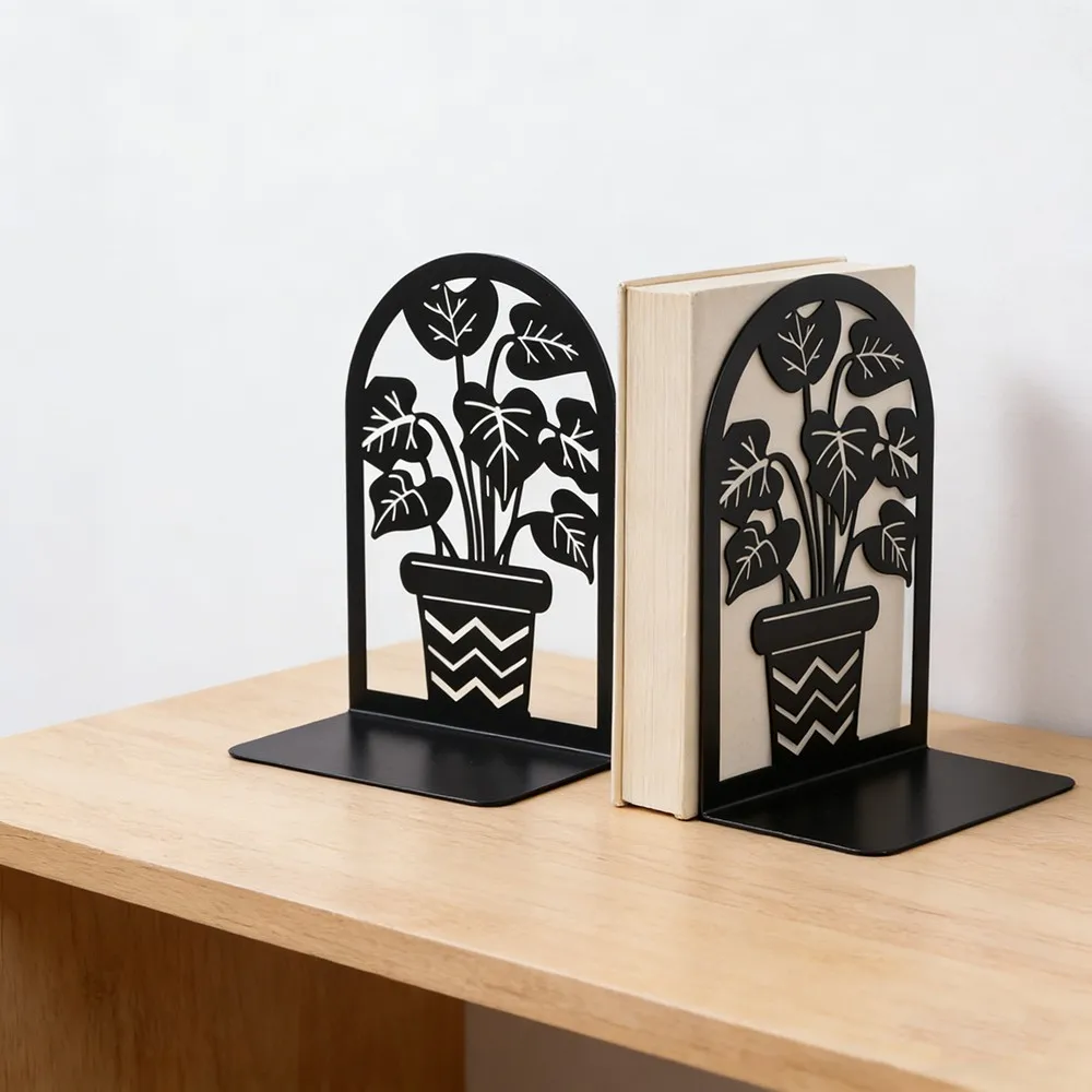 Plant Flowerpot Bookend Decorative Bookends for Shelves Flowerpot Shelf Metal Bookends for Desk Organizer Office Library Decor